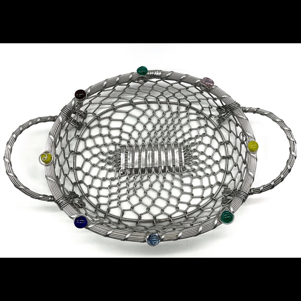Dary Reese Original Art Large Oval Wire Basket With Woven Silver Aluminum & Glas